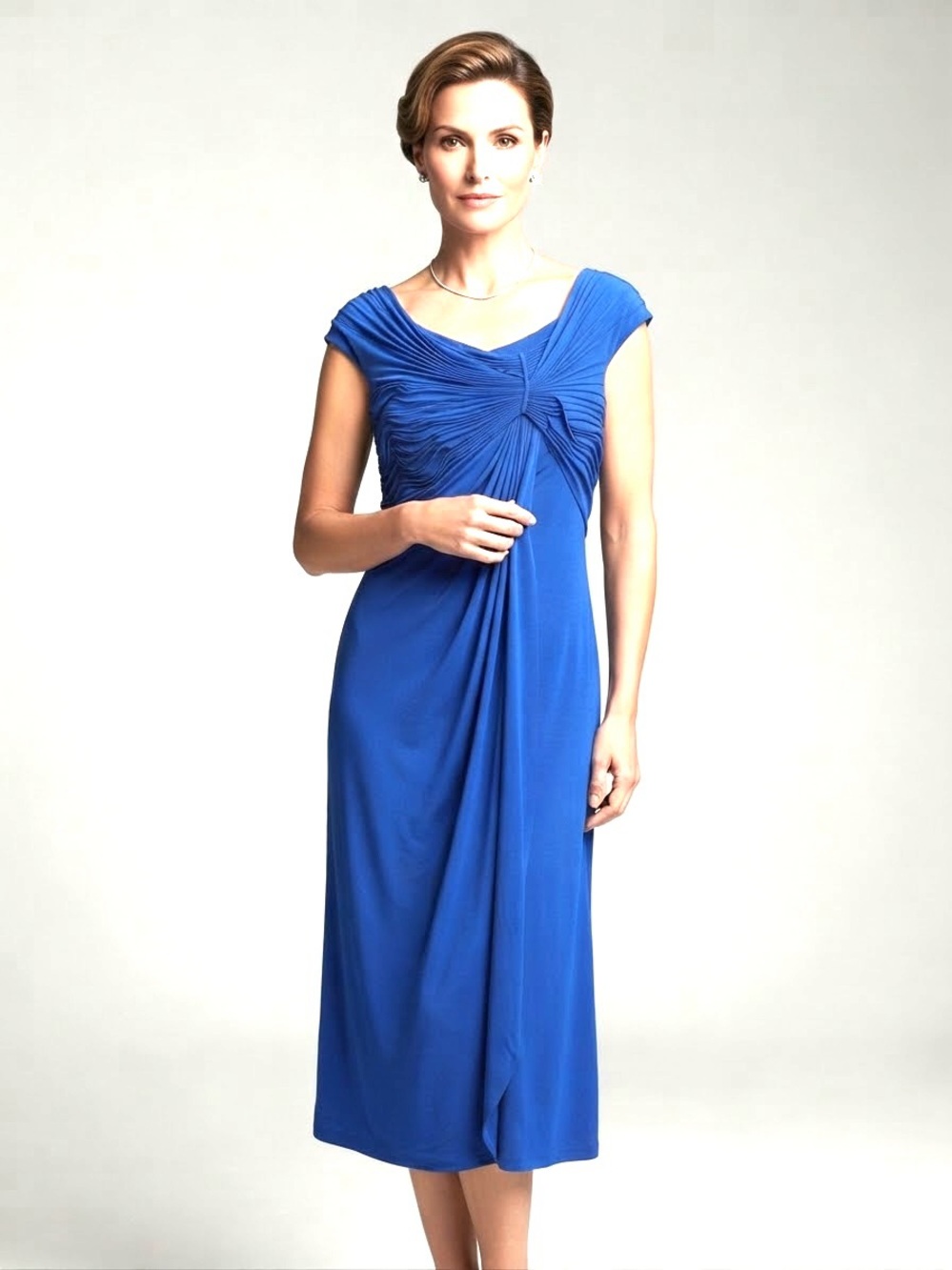 NT Cap-Sleeve Ruched Midi Dress in Cobalt Blue